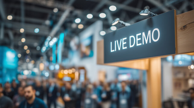 Live Demo sign at a modern trade show exhibition with blurred visitors in the background. Business event, product presentation, technology showcase, and conference concept.