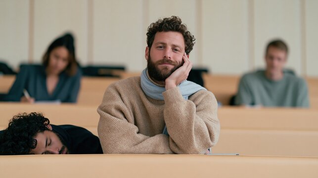 Bored university student resting chin in lecture hall with classmates studying for education banner or editorial background