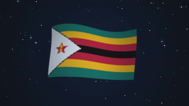Zimbabwe flag waving gently in deep dark space motion video with brilliant bright glowing white stars