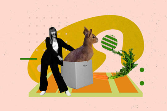 Creative sketch art collage of happy girl guy stand rabbit box zoom visitor wild animal shelter carrot food bunny pet friendly