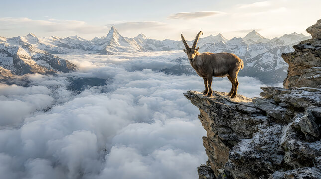 Alpine Ibex standing on rocky cliff edge overlooking Matterhorn mountain and sea of clouds in Swiss Alps