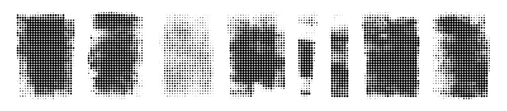 Set of distressed halftone grunge shapes, black and white textured elements, vector design assets
