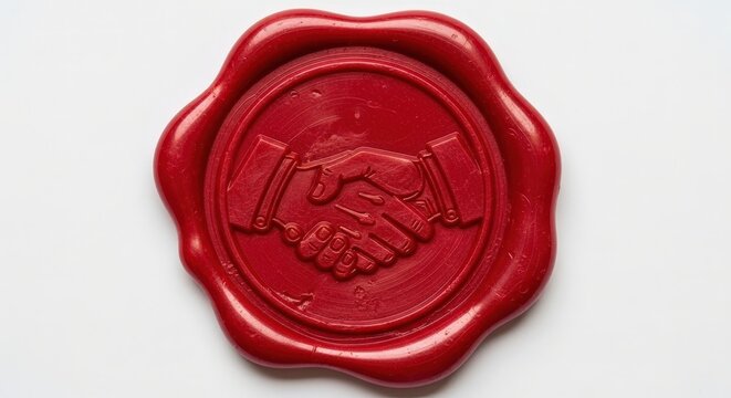 Red wax seal with handshake symbolizing agreement, partnership, trust, and authenticity on white background