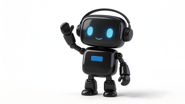 Black robot with glowing blue eyes and headphones waving hand against white background