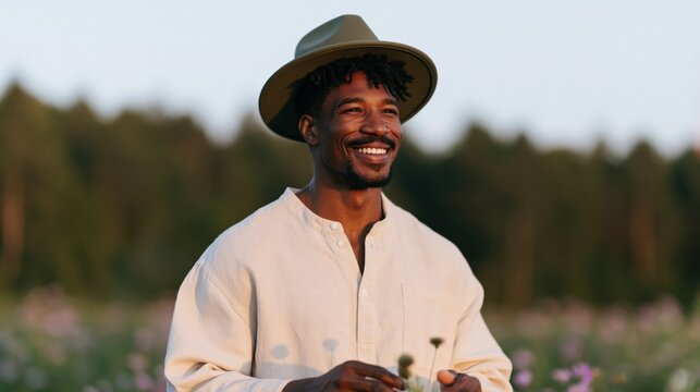 Smiling man in a green hat standing in a wildflower meadow at sunset for banner background and lifestyle design