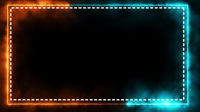 Rectangle shape with smoke mist display with particle neon blue orange ombre light trails looping motion on dark background. Motion futuristic neon light effects wallpaper. Blank space for text and lo
