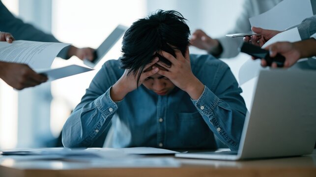Overwhelmed office worker surrounded by documents and devices for mental health awareness poster and workplace stress concept image