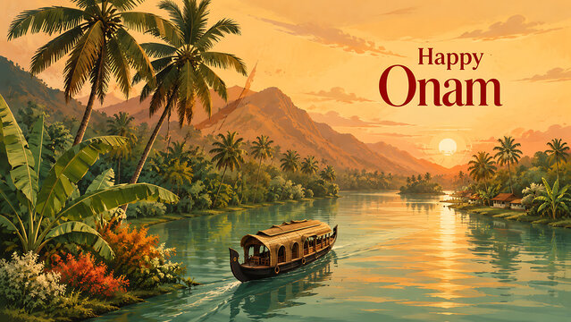 Happy onam scenic houseboat cruising tranquil tropical backwaters at sunset celebrating south indian festival in kerala with palms mountains and glowing reflections