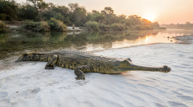 Gharial crocodile resting on sandy riverbank during golden hour sunset