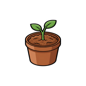 Isolated Growing Medium, Cute cartoon green sprout growing in a ceramic clay flowerpot