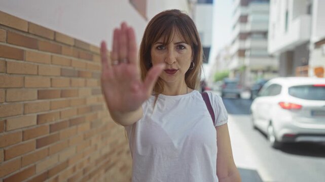 Woman wearing white tshirt and shoulder bag with hand raised palm out and pointing finger on street near brick wall signaling stop; firm refusal.