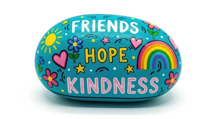 Fototapeta premium Colorful painted rock with friends hope kindness lettering, rainbow, and whimsical doodles on blue background, inspirational message