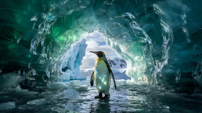 King Penguin standing inside blue ice cave in Antarctica