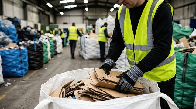 Recycling plant worker sorting cardboard boxes into large white bag for sustainable waste management