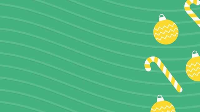 Seamless looping background animation of swaying baubles and orange candy canes in side areas with green wave pattern text copy space area. Flat style holiday frame banner backdrop design