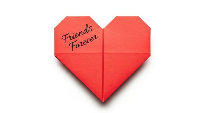Red origami heart with friends forever message symbolizing friendship and love on white background