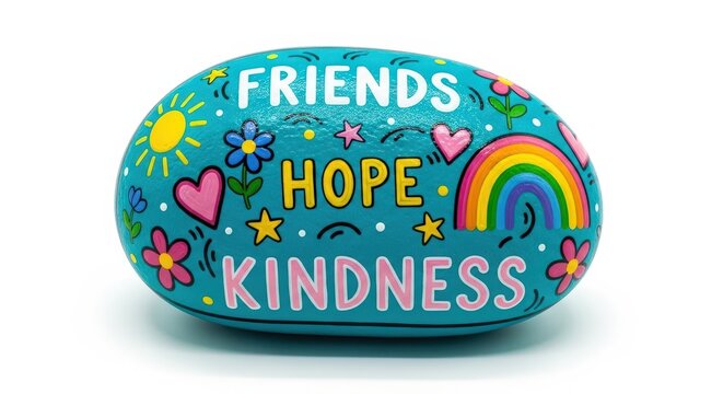 Colorful painted rock with friends hope kindness lettering, rainbow, and whimsical doodles on blue background, inspirational message