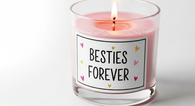 Pink scented candle in glass jar with besties forever label and colorful hearts, burning on white background