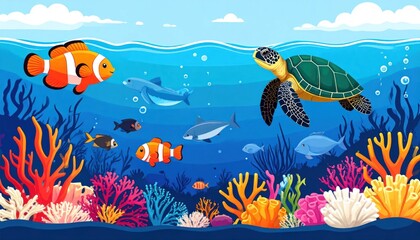 Fototapeta premium Cartoonish underwater scene with diverse marine life and coral