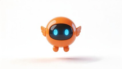 Fototapeta premium Orange spherical robot with glowing blue eyes and small wings floating against white background