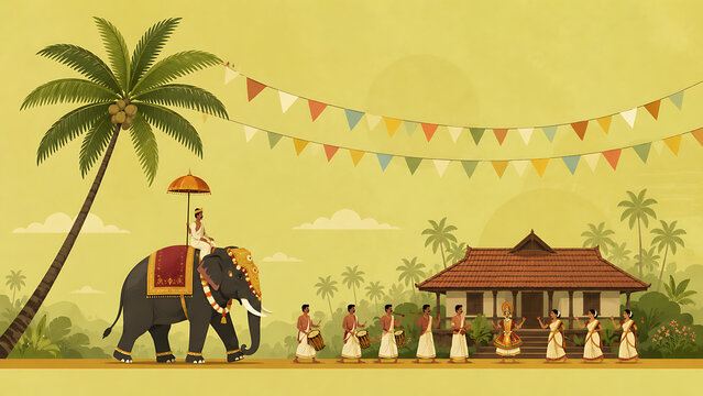 Happy onam festive elephant procession with drummers dancers and traditional village home celebrating south indian festival in kerala beneath colorful bunting flags