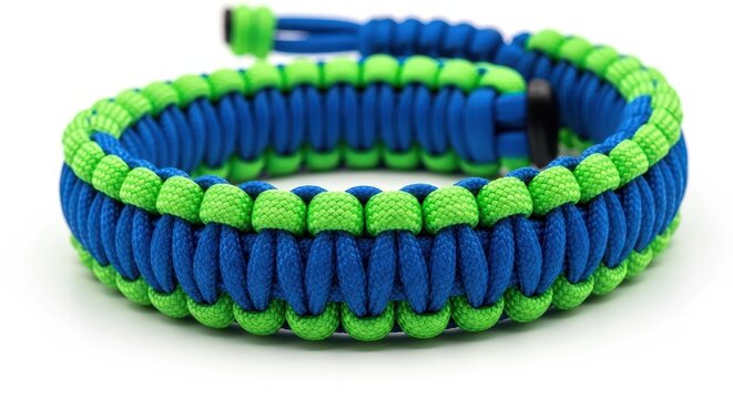 Blue and green paracord bracelet with survival weave and adjustable clasp for outdoor adventure and fashion accessory