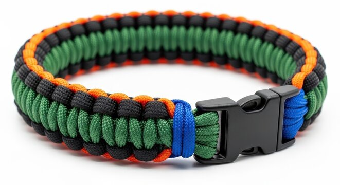 Colorful paracord bracelet with black buckle, green orange black blue survival accessory for outdoor adventure