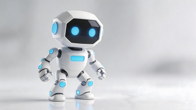 White humanoid robot with glowing blue eyes and accents standing on reflective surface