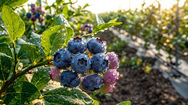 Close-up of dew-covered ripe blueberries on bush in farm field at golden hour, with rows of plants and irrigation system in background