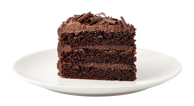 Decadent chocolate layer cake slice with rich frosting and shavings