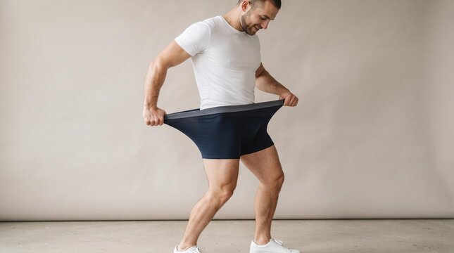 happy man pulling stretchy dark blue boxer briefs on plain studio background