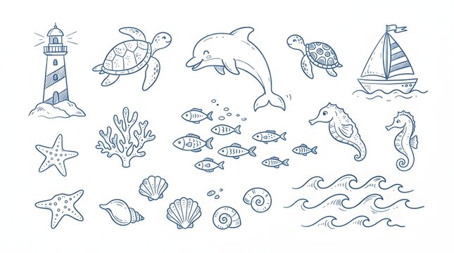 Hand drawn blue doodle sea life seamless collection with dolphin, sailboat, lighthouse, seahorse, turtles and seashells on white background