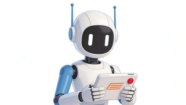 White and blue humanoid robot holding tablet with red button and orange logo standing against white background