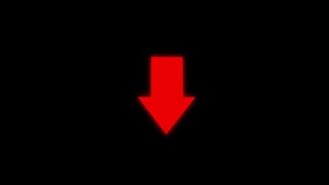 Animated arrow pointing down on black background. Abstract glowing down arrow icon animation.