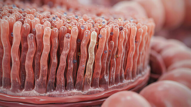 Microscopic view of intestinal villi lining showing detailed fingerlike projections in human digestive system