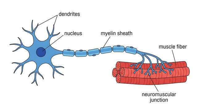 Motor neuron and neuromuscular junction anatomy educational illustration