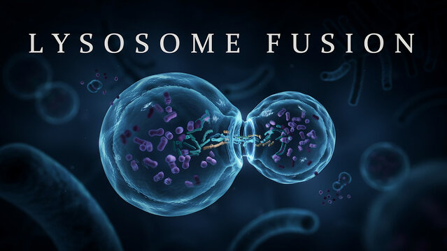 Scientific depiction of two lysosomes undergoing fusion process in cellular environment
