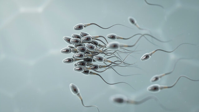 Microscopic view of human sperm cells swimming with long tails in fluid medium