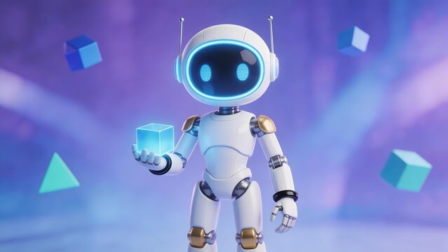 White humanoid robot with glowing blue visor holds cube surrounded by floating geometric shapes against purple gradient background
