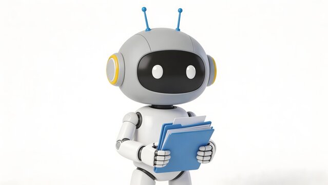 Cartoon robot with antennae holding blue folders against white background