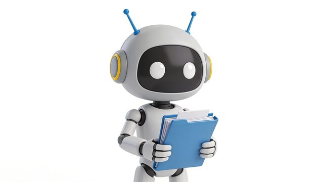 Cartoon robot with antennae holding blue folder against white background