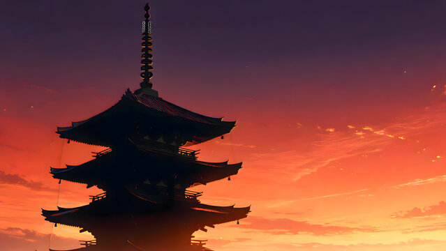 五重塔のシルエットと夕焼け、荘厳で郷愁ある雰囲気、日本観光広告向け背景