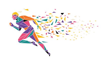Obraz premium Running man made of colorful geometric polygons with flying fragments, abstract motion and energy concept