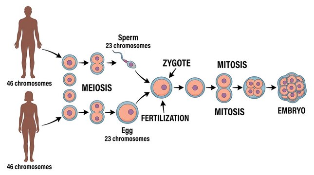 Biological diagram of meiosis fertilization and embryo development with genetics
