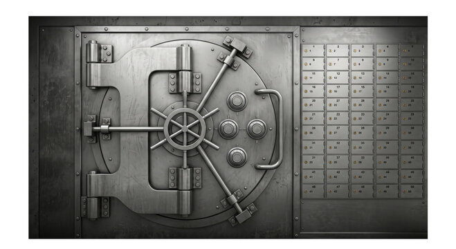 Massive steel vault door with combination locks and safety deposit boxes