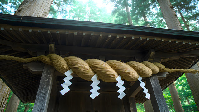 注連縄と紙垂の神社入口、厳かで神聖な雰囲気、初詣広告向け背景