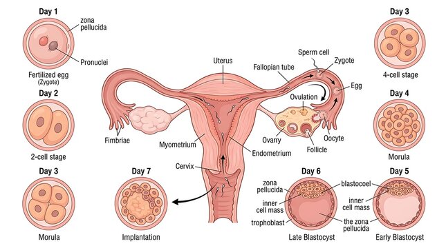 Medical chart showing stages of human embryonic development in the uterus