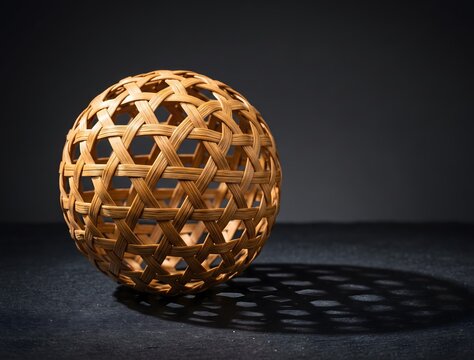 Premium studio product photograph of a single handwoven rattan sepak takraw ball resting on a matte black surface. Natural golden-brown rattan strips interwoven in a perfect open sphere.