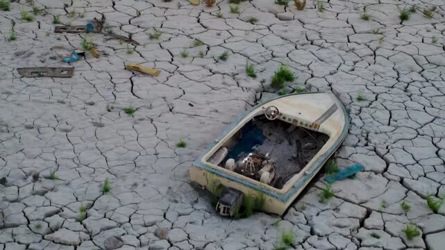 A boat stranded and stuck in the cracked ground of a dried lake due to severe drought, a consequence of climate change.