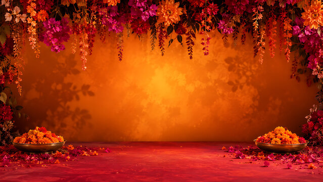 Vibrant happy onam floral stage background with hanging blossoms brass bowls red platform and decorative south indian festival in kerala festive display